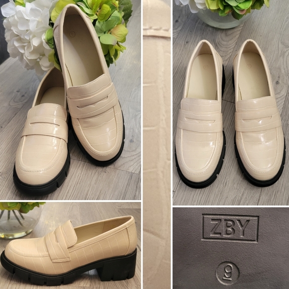 Zby Shoes - ZBY Embossed Croc Off-white Penny 2.25" Platform Lug Loafer Heel, Women's US 9